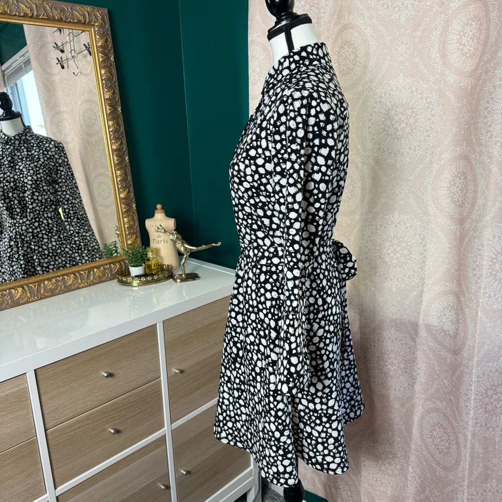 Banana Republic Button Up A Line Dress Long Sleeve White Black Pattern Petite - Picture 4 of 10